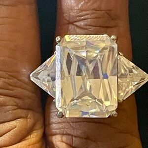 Radiant Cut Diamond Ring with 2 Side Triangle Stones on 925 Silver Band. Size 5
